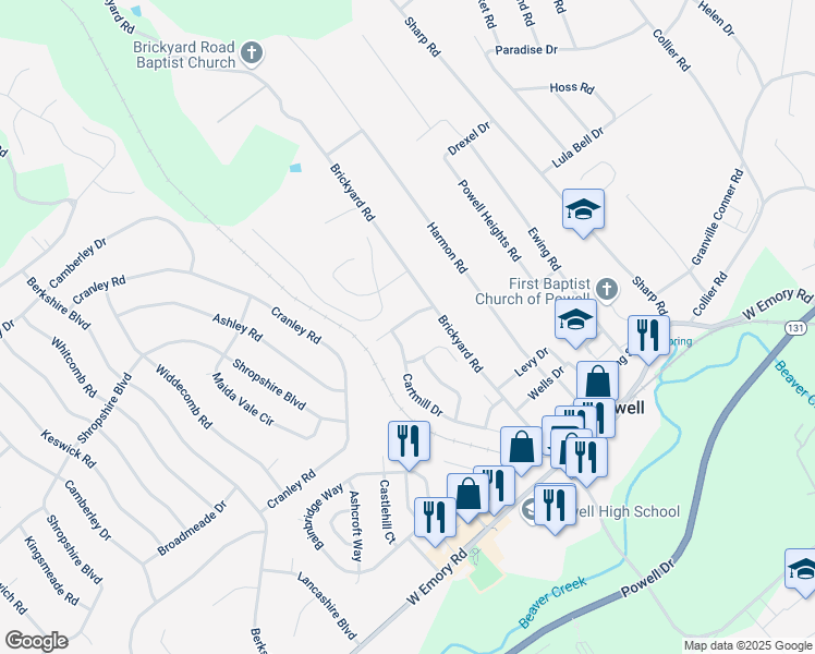 map of restaurants, bars, coffee shops, grocery stores, and more near 2040 Gatehouse Lane in Powell