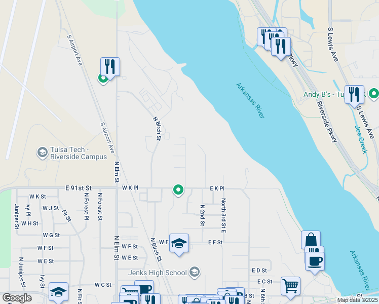 map of restaurants, bars, coffee shops, grocery stores, and more near 1507 North 1st Street in Jenks