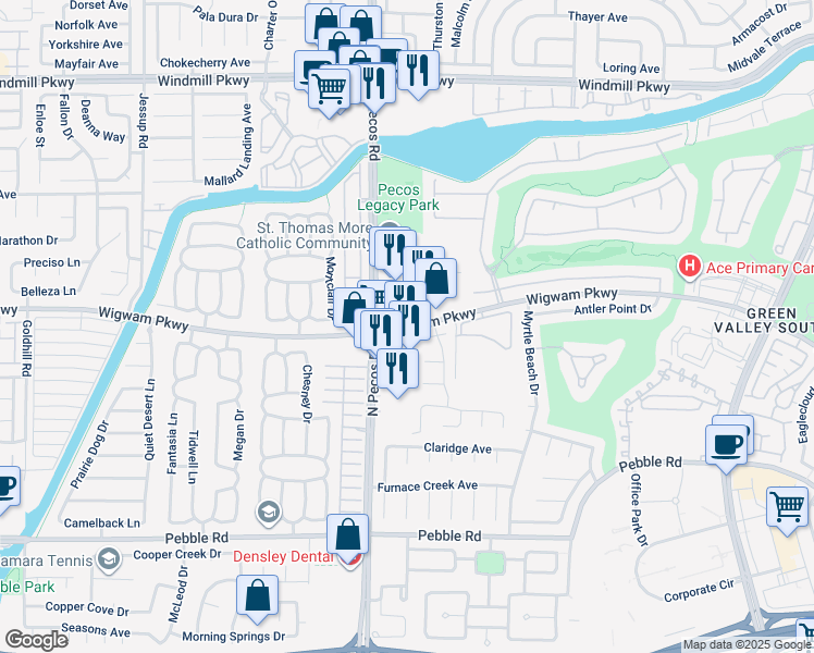 map of restaurants, bars, coffee shops, grocery stores, and more near 2562 Wigwam Parkway in Henderson