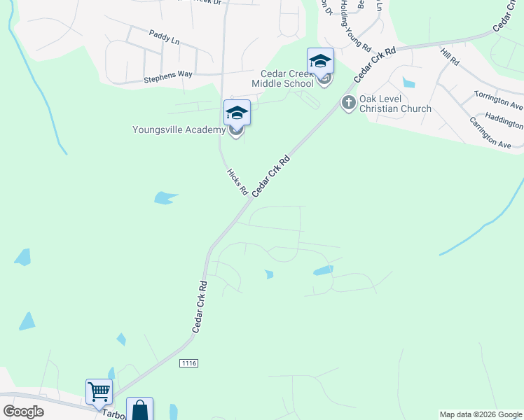 map of restaurants, bars, coffee shops, grocery stores, and more near 2427 Cedar Creek Road in Youngsville