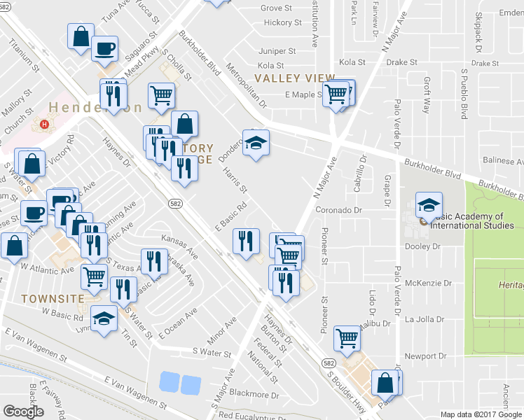 map of restaurants, bars, coffee shops, grocery stores, and more near 501 Harris Street in Henderson