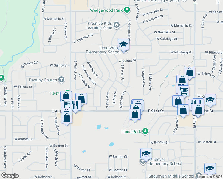 map of restaurants, bars, coffee shops, grocery stores, and more near 1713 South Pine Avenue in Broken Arrow