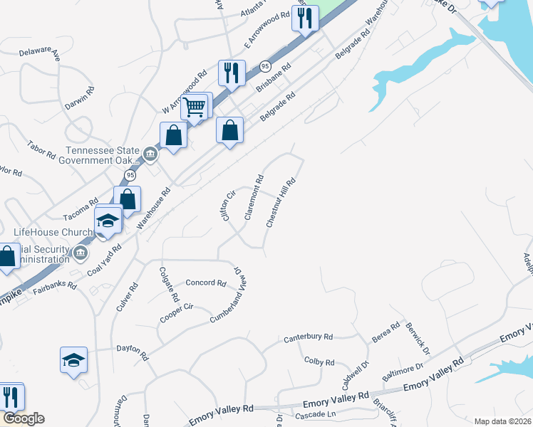 map of restaurants, bars, coffee shops, grocery stores, and more near 116 Claremont Road in Oak Ridge