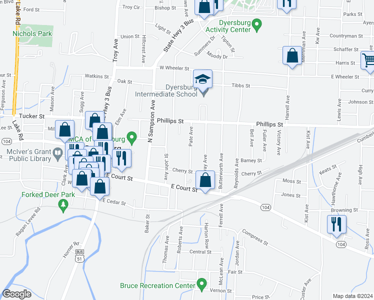 map of restaurants, bars, coffee shops, grocery stores, and more near 309 Pate Avenue in Dyersburg