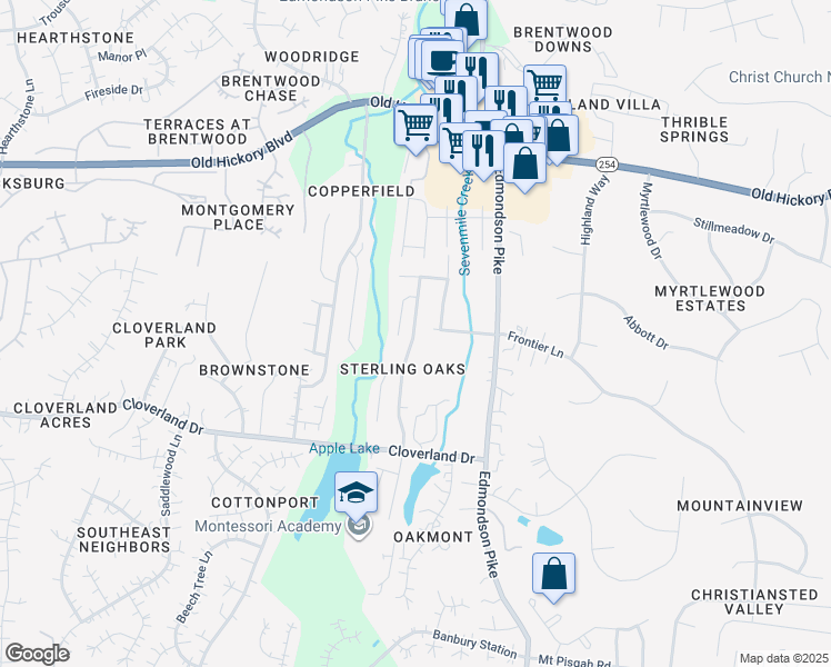 map of restaurants, bars, coffee shops, grocery stores, and more near 5828 Montessori Drive in Brentwood