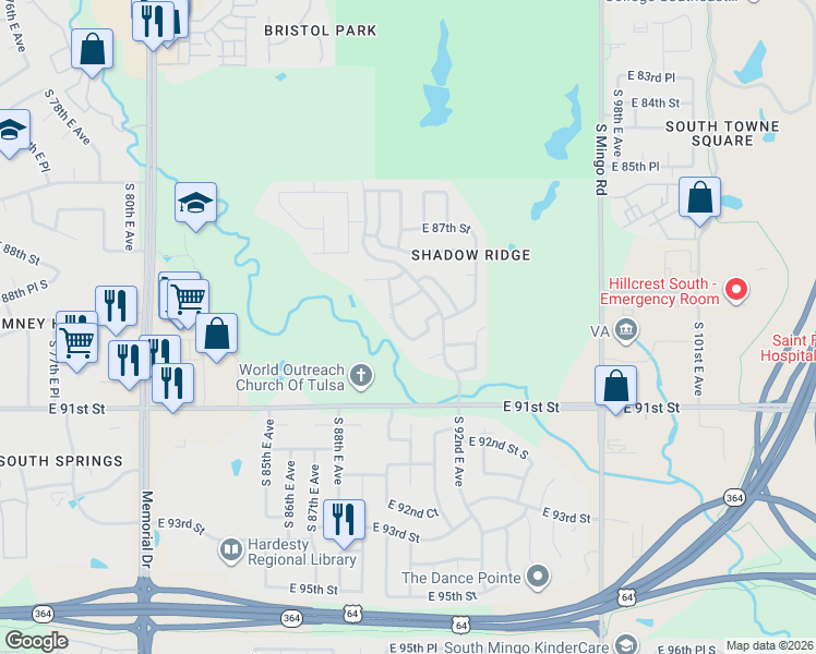 map of restaurants, bars, coffee shops, grocery stores, and more near 8812 South 91st East Avenue in Tulsa