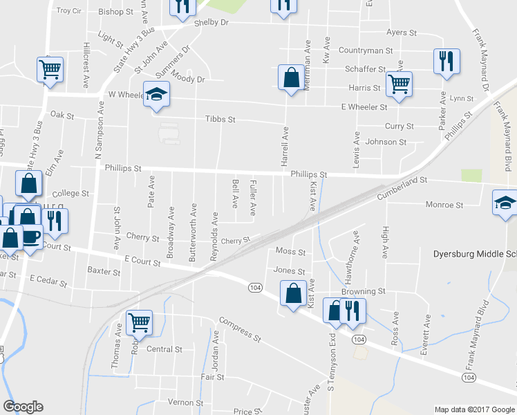 map of restaurants, bars, coffee shops, grocery stores, and more near 320 Fuller Avenue in Dyersburg