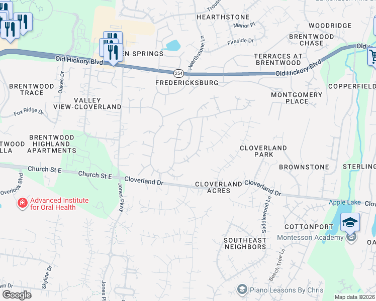 map of restaurants, bars, coffee shops, grocery stores, and more near 4716 Potomac Lane in Brentwood