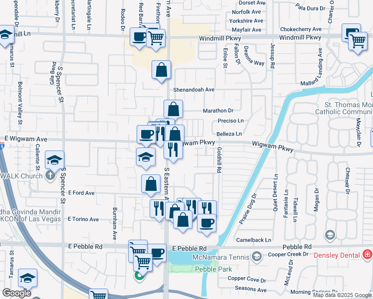 map of restaurants, bars, coffee shops, grocery stores, and more near 2925 Wigwam Parkway in Henderson