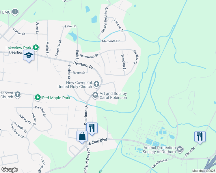 map of restaurants, bars, coffee shops, grocery stores, and more near 1475 Maplewood Drive in Durham