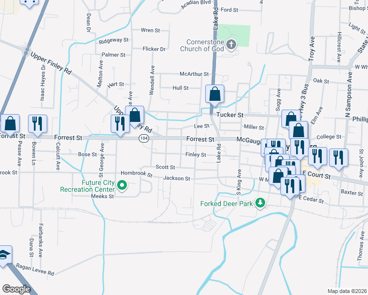 map of restaurants, bars, coffee shops, grocery stores, and more near 110 North Fumbanks Avenue in Dyersburg