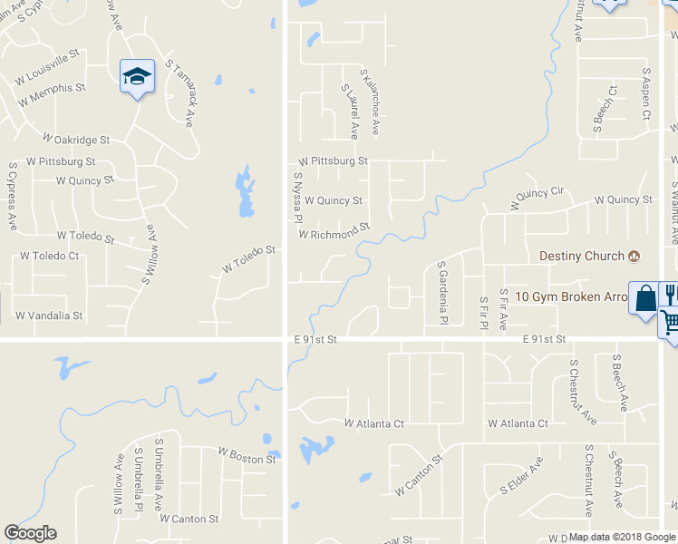 map of restaurants, bars, coffee shops, grocery stores, and more near 3306 West Urbana Street in Broken Arrow