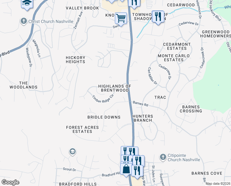 map of restaurants, bars, coffee shops, grocery stores, and more near 1409 Timber Ridge Cir in Nashville