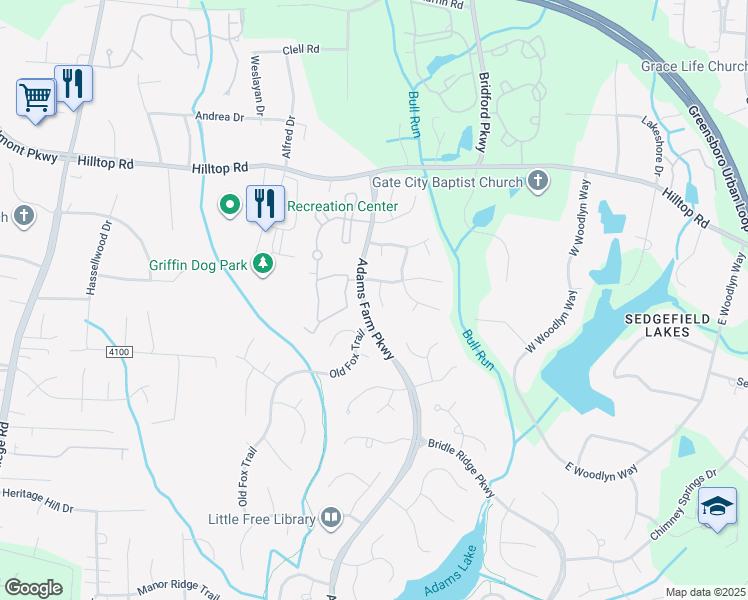 map of restaurants, bars, coffee shops, grocery stores, and more near 6 Compton Court in Greensboro