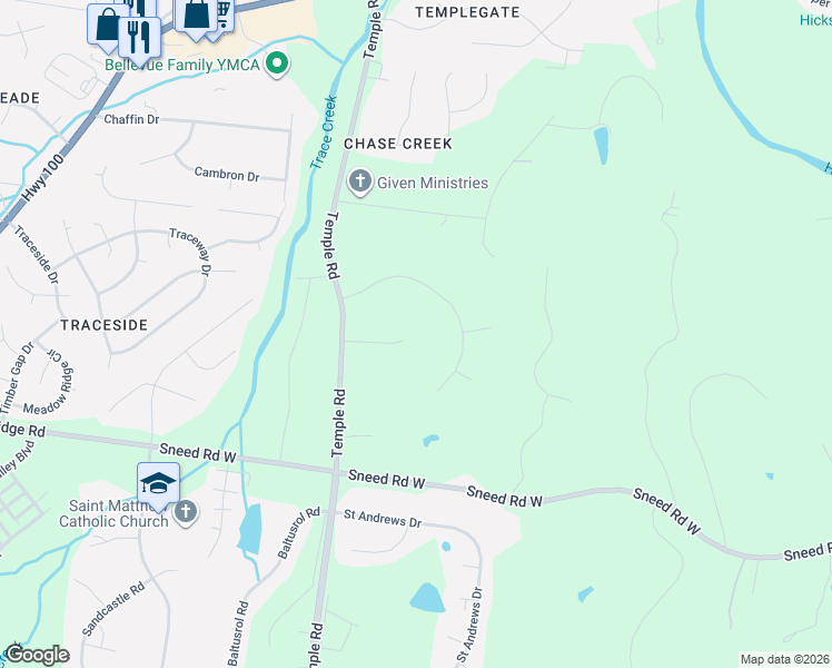 map of restaurants, bars, coffee shops, grocery stores, and more near 1121 Temple Ridge Court in Nashville