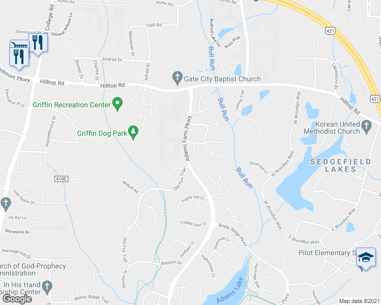 map of restaurants, bars, coffee shops, grocery stores, and more near 6 Compton Court in Greensboro