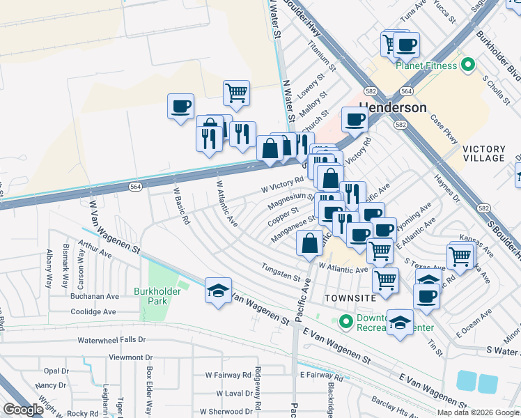 map of restaurants, bars, coffee shops, grocery stores, and more near 138 Magnesium Street in Henderson
