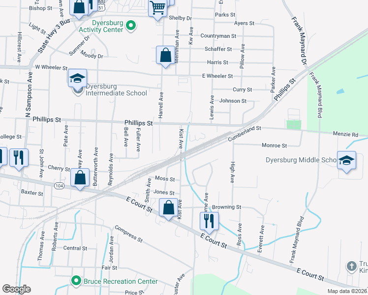 map of restaurants, bars, coffee shops, grocery stores, and more near 402 Kist Ave in Dyersburg