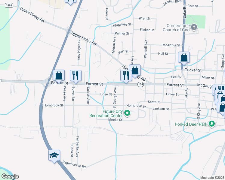 map of restaurants, bars, coffee shops, grocery stores, and more near 113 Saint George Avenue in Dyersburg