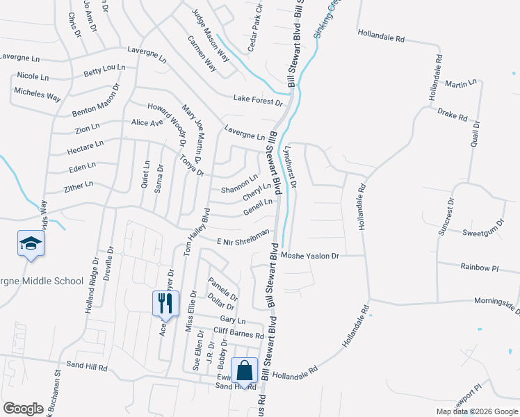 map of restaurants, bars, coffee shops, grocery stores, and more near 1113 Geneil Lane in La Vergne