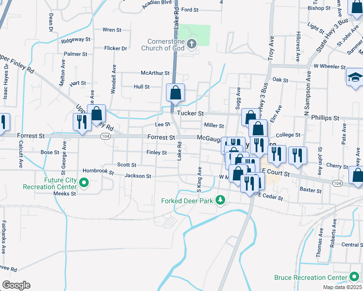 map of restaurants, bars, coffee shops, grocery stores, and more near 112 North Fowlkes Avenue in Dyersburg