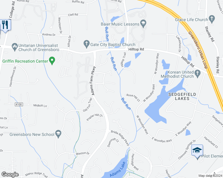 map of restaurants, bars, coffee shops, grocery stores, and more near 1503 Groveland Trail in Greensboro