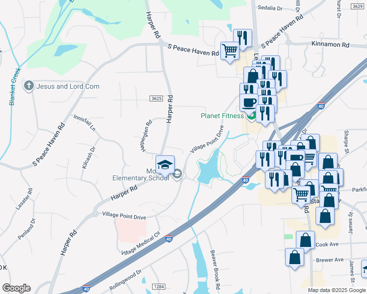 map of restaurants, bars, coffee shops, grocery stores, and more near 3251 Harper Road in Clemmons