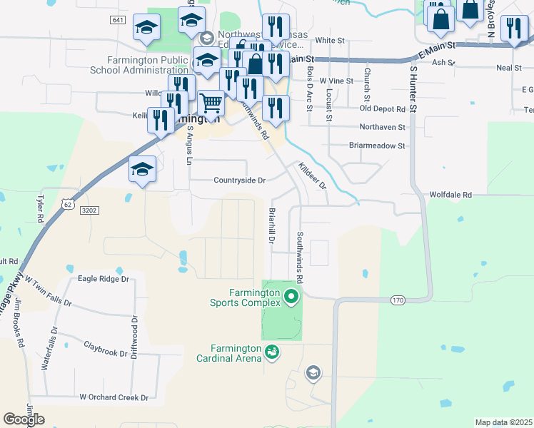 map of restaurants, bars, coffee shops, grocery stores, and more near 233 Briarhill Drive in Farmington