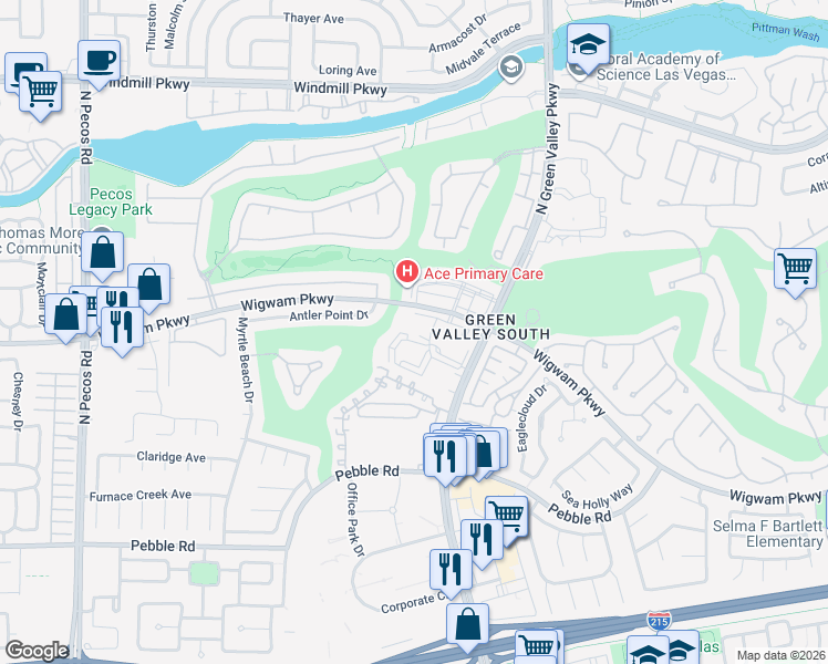 map of restaurants, bars, coffee shops, grocery stores, and more near 2251 Wigwam Parkway in Henderson