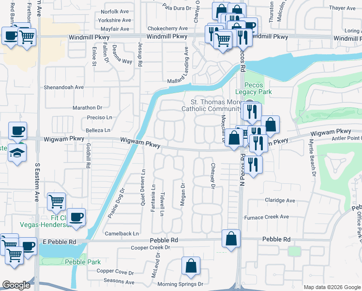 map of restaurants, bars, coffee shops, grocery stores, and more near 110 Wynntry Drive in Henderson