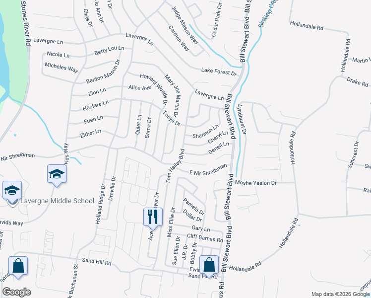 map of restaurants, bars, coffee shops, grocery stores, and more near 951 Tom Hailey Boulevard in La Vergne