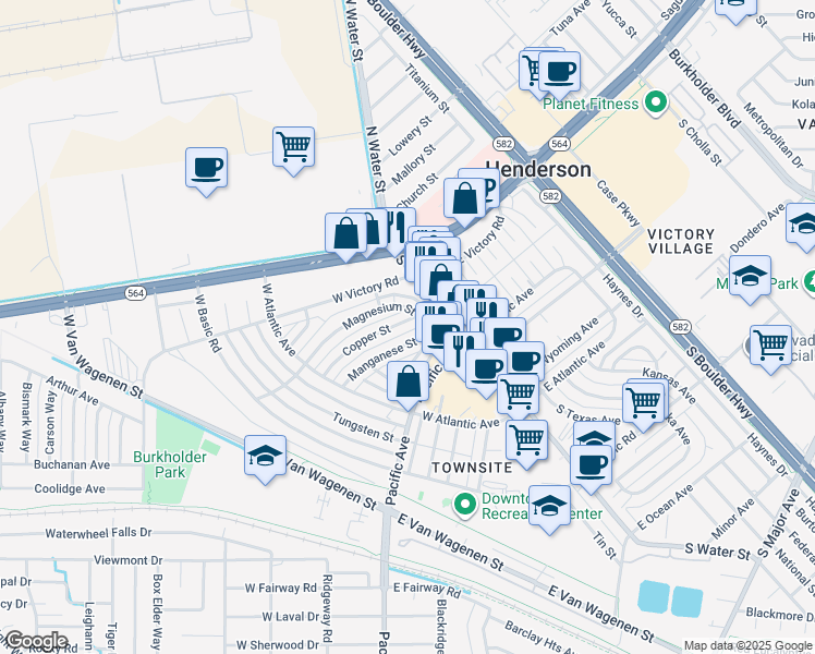 map of restaurants, bars, coffee shops, grocery stores, and more near 107 Copper Street in Henderson