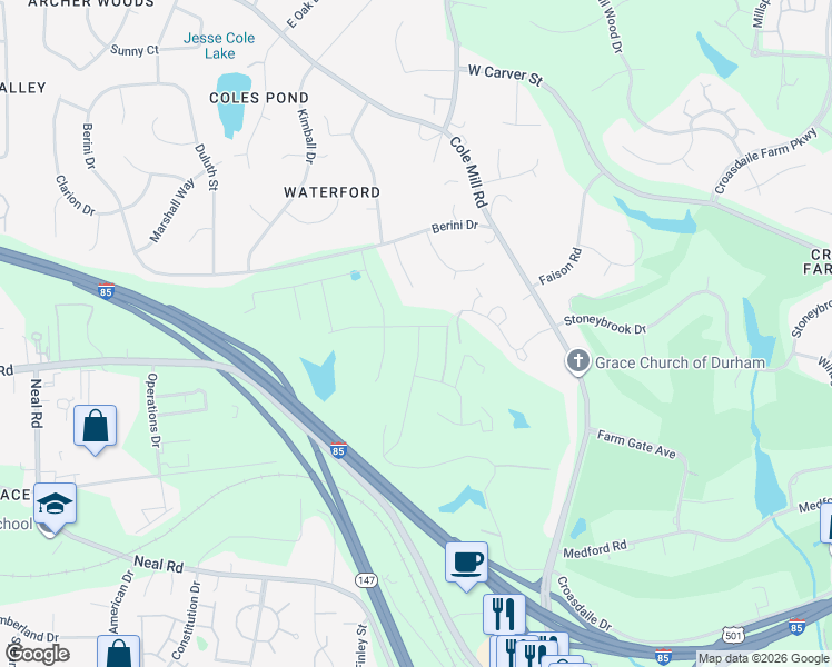 map of restaurants, bars, coffee shops, grocery stores, and more near 1012 Balsawood Drive in Durham