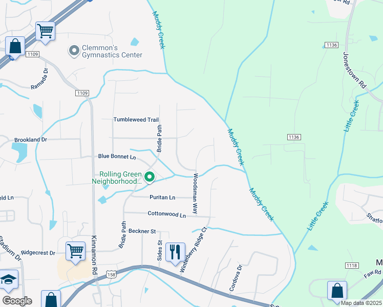 map of restaurants, bars, coffee shops, grocery stores, and more near 4620 Woodsman Way in Winston-Salem