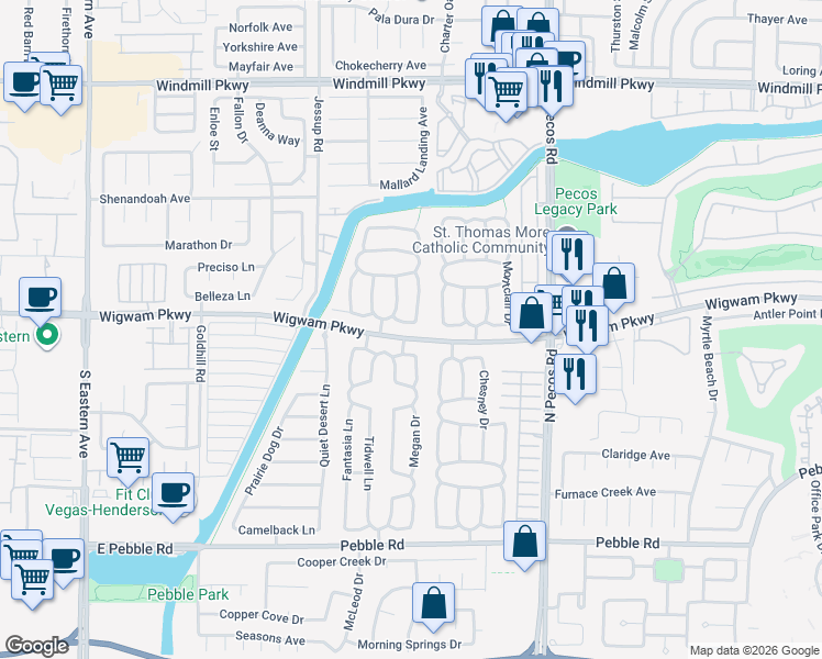 map of restaurants, bars, coffee shops, grocery stores, and more near 110 Wynntry Drive in Henderson