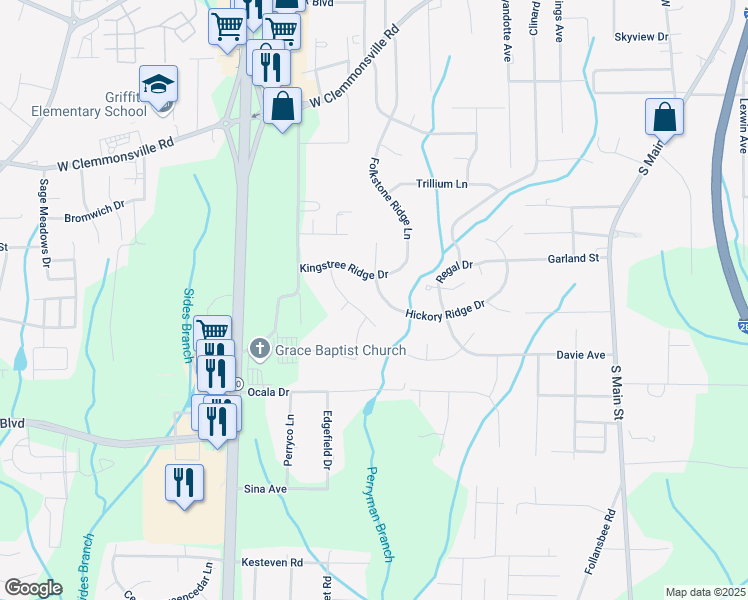 map of restaurants, bars, coffee shops, grocery stores, and more near 3136 Hickory Ridge Drive in Winston-Salem