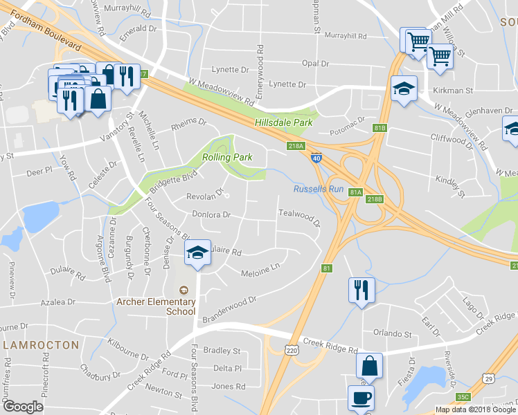 map of restaurants, bars, coffee shops, grocery stores, and more near 2003 Dumaine Court in Greensboro