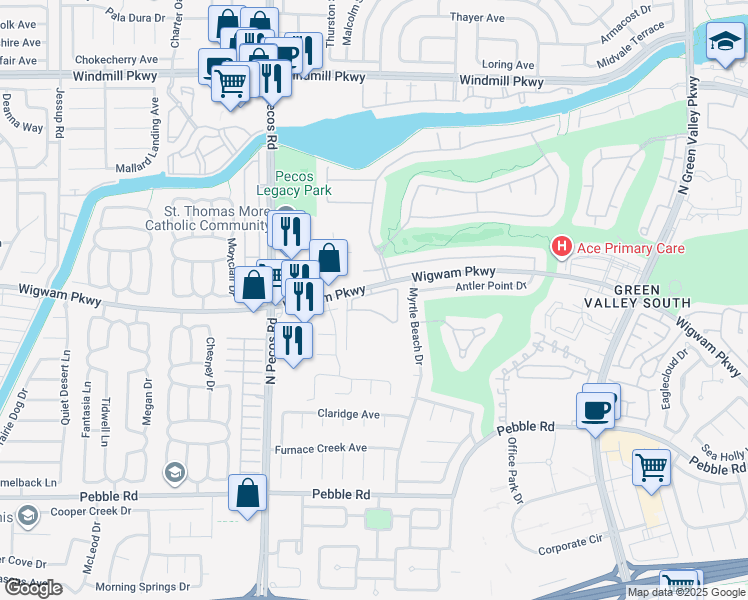 map of restaurants, bars, coffee shops, grocery stores, and more near 2501 Wigwam Parkway in Henderson