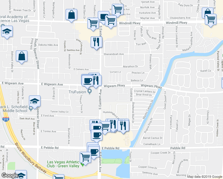 map of restaurants, bars, coffee shops, grocery stores, and more near 2925 Wigwam Parkway in Henderson