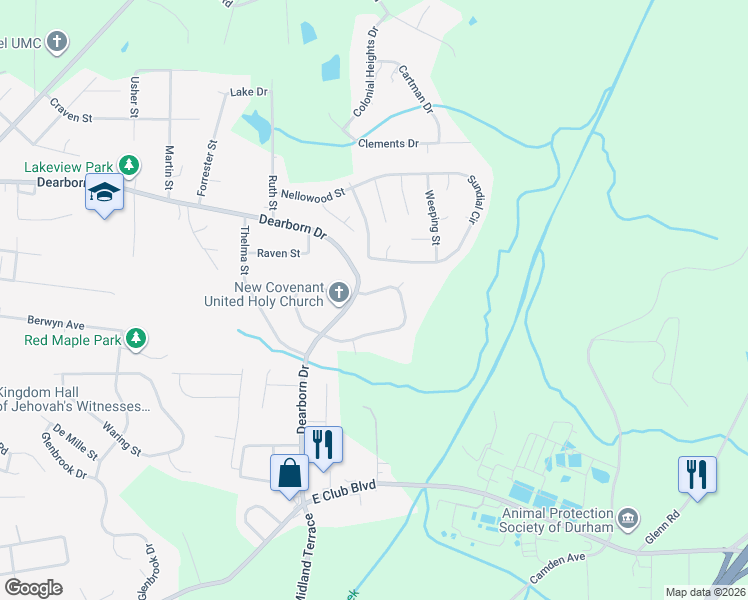 map of restaurants, bars, coffee shops, grocery stores, and more near 1475 Maplewood Drive in Durham