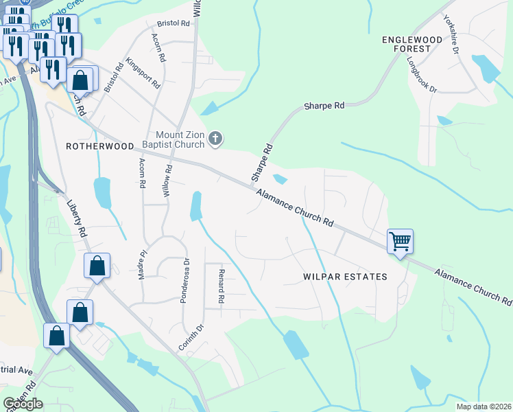 map of restaurants, bars, coffee shops, grocery stores, and more near 1402 Alamance Church Road in Greensboro