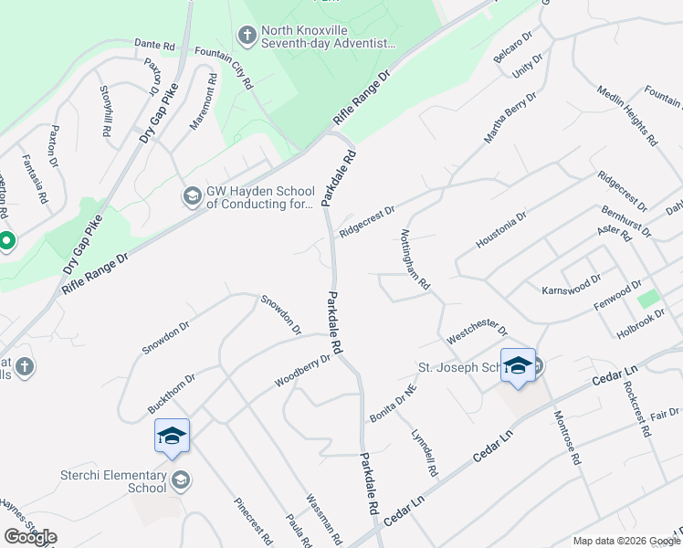 map of restaurants, bars, coffee shops, grocery stores, and more near 5960 Parkdale Road in Knoxville