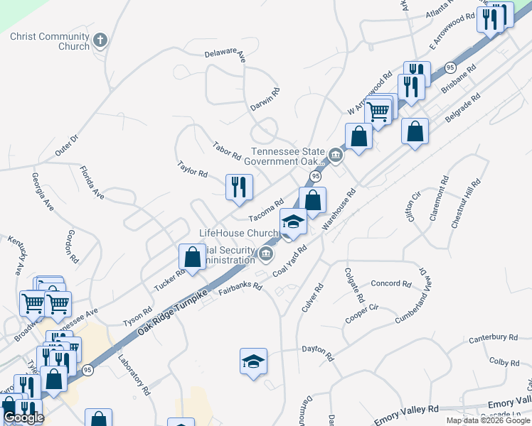 map of restaurants, bars, coffee shops, grocery stores, and more near 122 Tacoma Road in Oak Ridge
