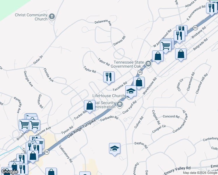 map of restaurants, bars, coffee shops, grocery stores, and more near 372 East Tennessee Avenue in Oak Ridge