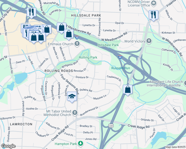 map of restaurants, bars, coffee shops, grocery stores, and more near 2310 Lourance Boulevard in Greensboro