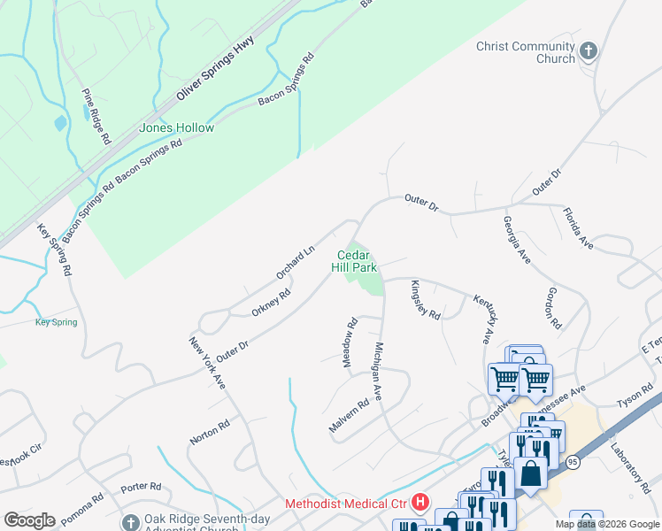 map of restaurants, bars, coffee shops, grocery stores, and more near 158 Outer Drive in Oak Ridge