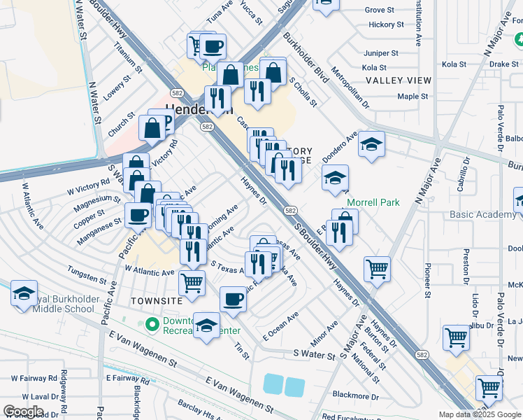 map of restaurants, bars, coffee shops, grocery stores, and more near 75 East Atlantic Avenue in Henderson