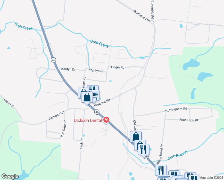 map of restaurants, bars, coffee shops, grocery stores, and more near 110 Hogin Road in Dickson
