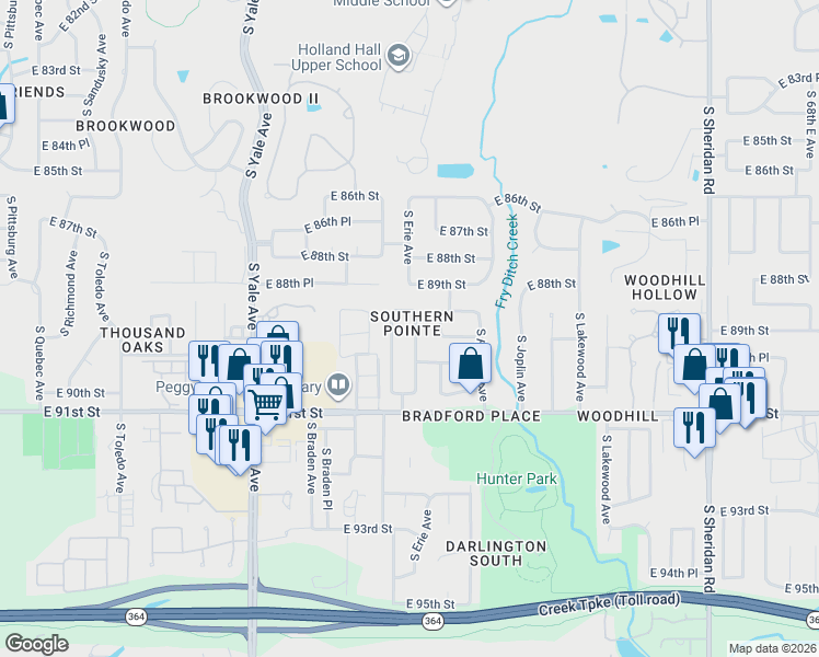 map of restaurants, bars, coffee shops, grocery stores, and more near 8926 South Erie Avenue in Tulsa