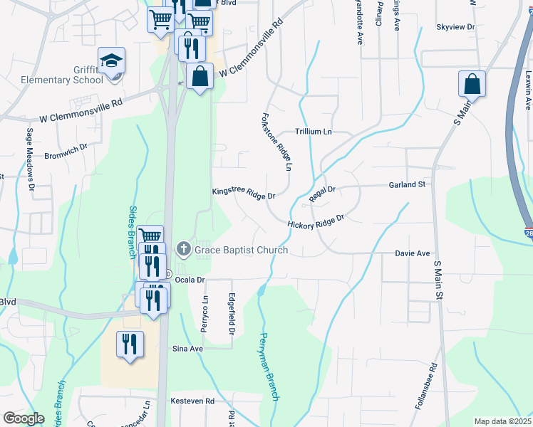 map of restaurants, bars, coffee shops, grocery stores, and more near 3136 Hickory Ridge Drive in Winston-Salem